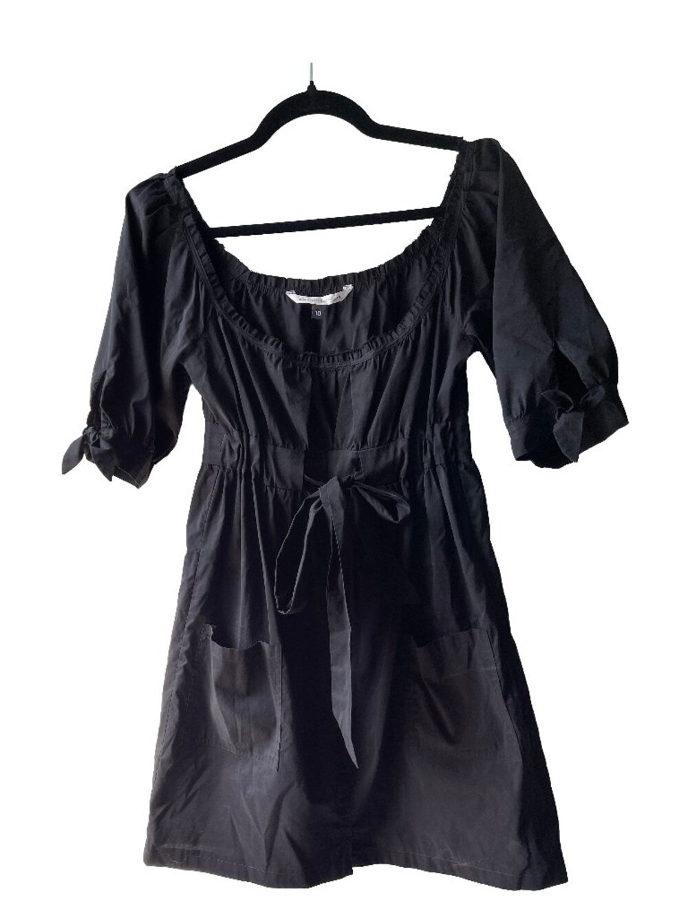 DVF Black Cotton Puff Sleeve Mini Dress - Size 10 - Pockets